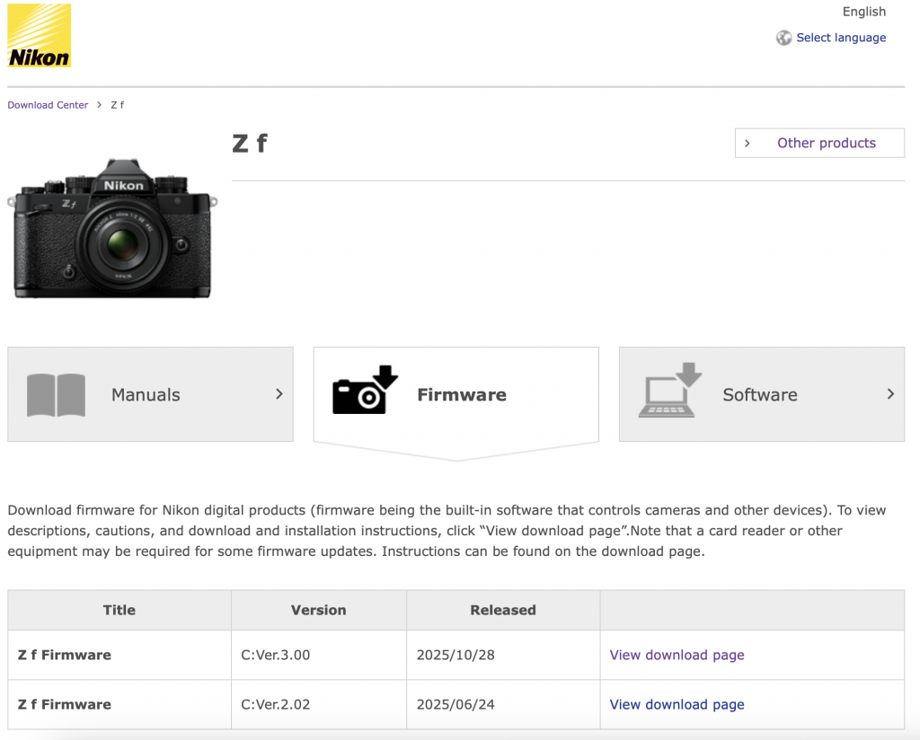 Nikon Zf firmware page
