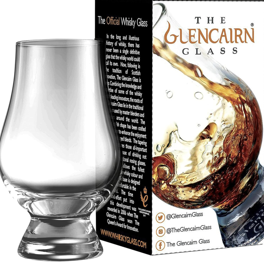 Advertising photo of a Glencairn whisky glass.