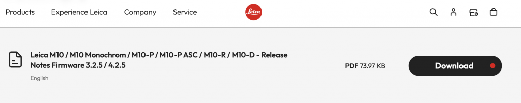 Screen print from Leica website with the download for the Leica firmware for the M10.