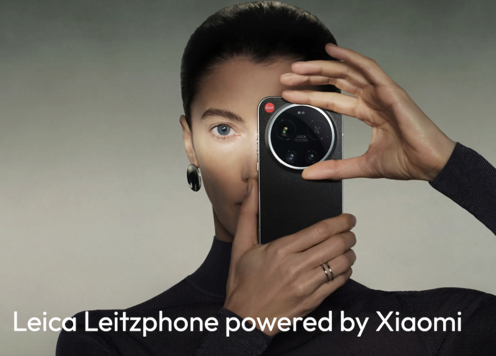 Advertising shot showing a female model with the Xiaomi phone with Leica camera.