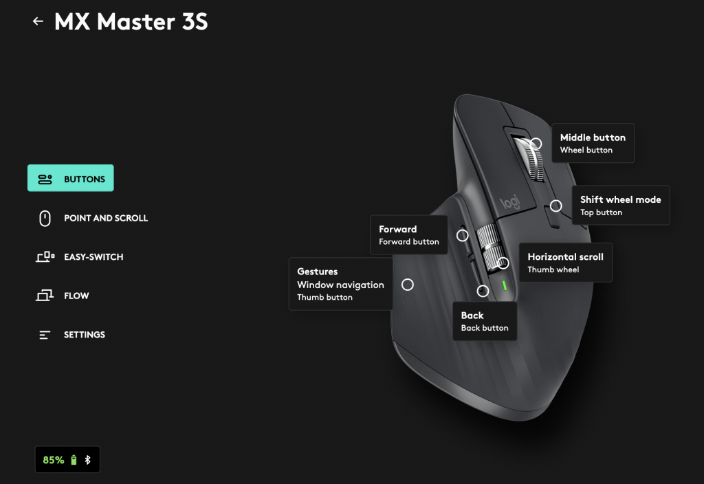 Screen shot of the Logitech mouse software for the MX Master 3S showing the controls on the mouse.