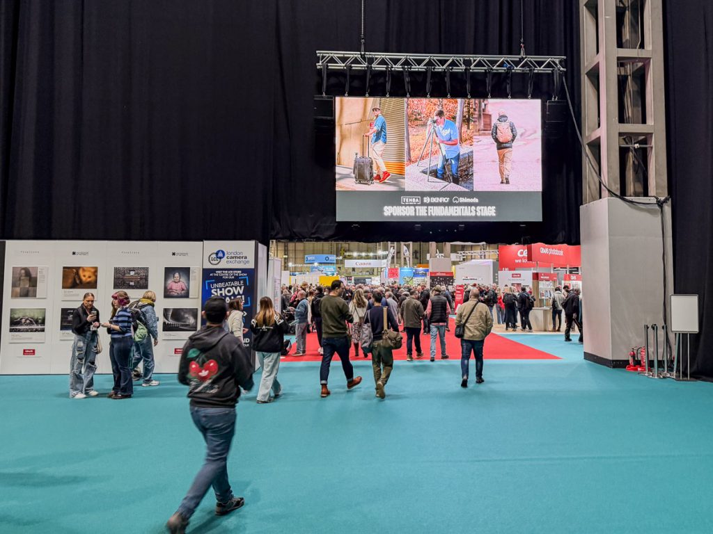 Entrance to the hall at the NEC, where the Photo and Video Show 2026 was being held.  People can be seen going into the entrance.  
