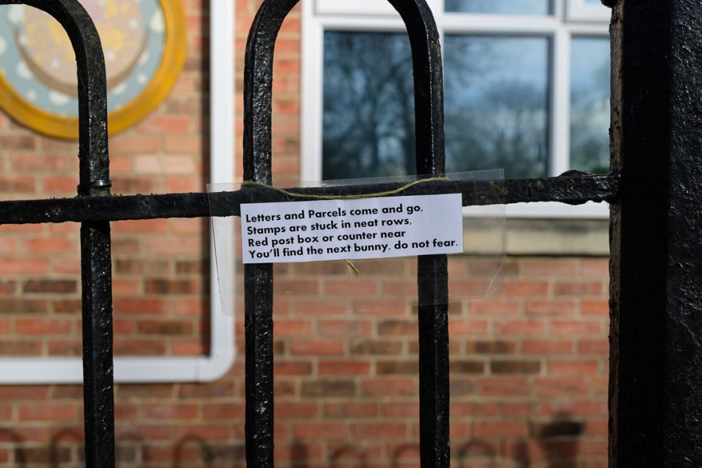 Easter Treasure Hunt - Letters and Parcels come and go.  Stamps are struck in neat rows.  Red post box or county near.  You'll find the next bunny, do not fear.  A sign on the the school leading you to the next clue on the Easter treasure hunt.