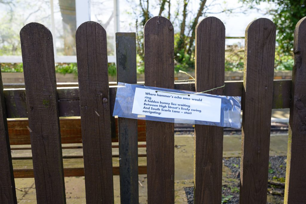 By the model railway that runs on Sundays to give children a ride.  Where hammer's echo once would ring.  A hidden bunny lies waiting.  And South Scarle Lane - start navigating.