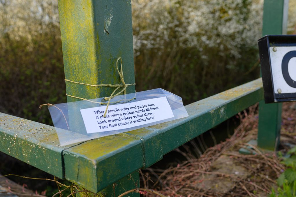 Where pencils write and pages turn.  A place where curious minds all learn.  Look around where voices cheer,  Your final bunny is waiting here!