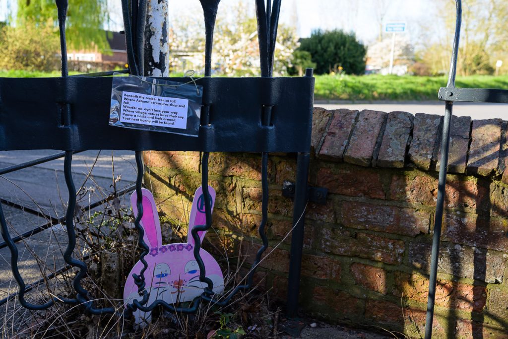 Beneath the conker tree so tall, Where Autumn's treasures drop and fall.  Wander on, don't lose your way.  Where village notices have their say. Pause a while and look around, your next bunny will be found.