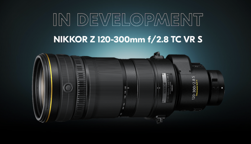 Product shot from Nikon of the new Nikon Nikkor Z 120-300mm f/2.8 T. VR S lens.  The picture has a title that says development.