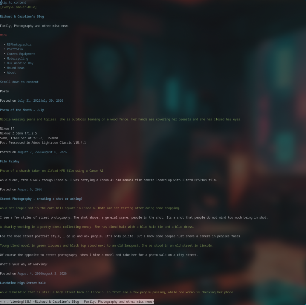 A screen capture of the w3c command line browser I sometimes use on one of my ThinkPads running Arch.