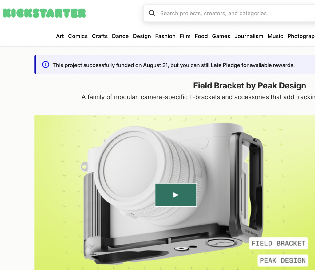 Screen capture from Kickstarter of the Field Brackets by Peak Design.