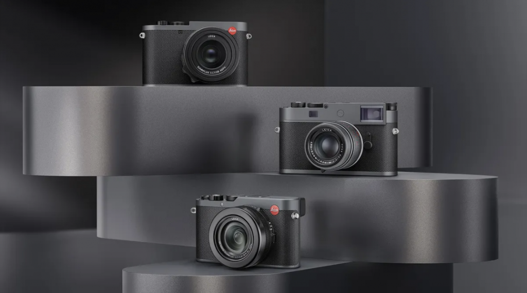 Product shot of a Leica M, Leica M and Dlux in grey.