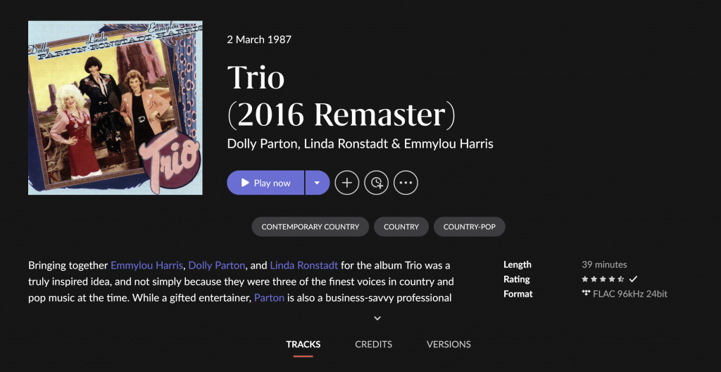 A screen print from Trio Album staring Dolly Parton, Linda Ronstadt and Emmylou Harris