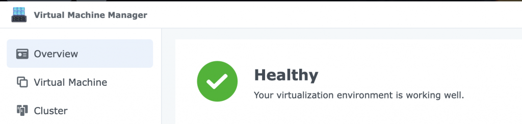 Summary of Synology Virtual Machine Manager console showing it in a healthy state.