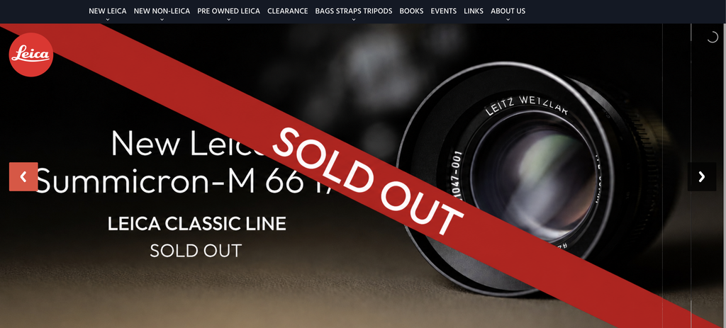 Advertising image for the Leica 66mm lens in M mount. There is a picture of the lens with a red stripe across the image saying sold out.