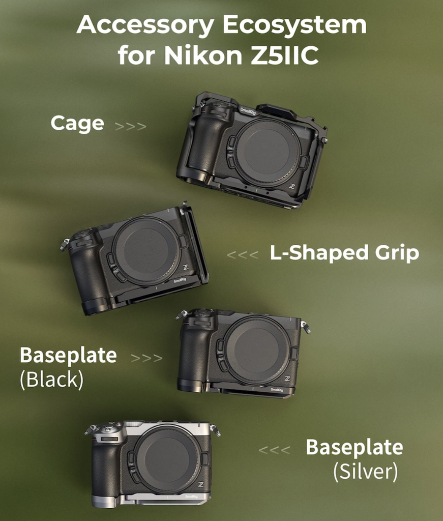 Product shot showing the cage, l grop and baseplate available for the Nikon Z5iiC camera from SmallRig