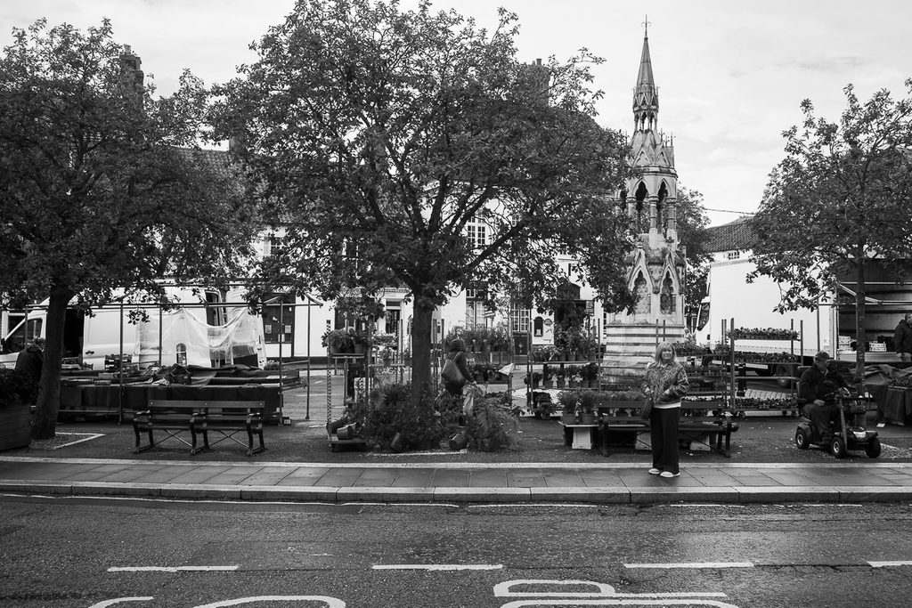 Horncastle town square. Market stalls are being setup.